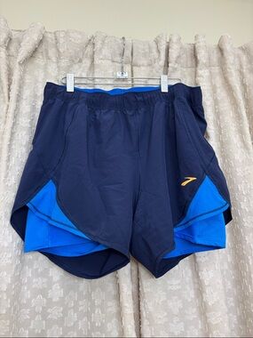 Brooks Navy Running Shorts with Royal Blue Liner and Gold Logo